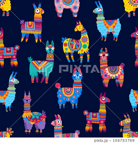 Cartoon llama and alpaca characters seamless pattern. Wrapping paper seamless background, wallpaper vector pattern or textile print. Fabric backdrop with colorful mexican ornaments fur lama animal Cartoon llama and alpaca characters seamless pattern. Wrapping paper seamless background, wallpaper vector pattern or textile print. Fabric backdrop with colorful mexican ornaments fur lama animal 108783769