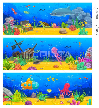 Arcade game level, cartoon underwater landscape vector backgrounds with fish shoals and marine animals. Submarine, sunken ship and pirate treasure chest on tropical ocean coral reef bottom 108783780