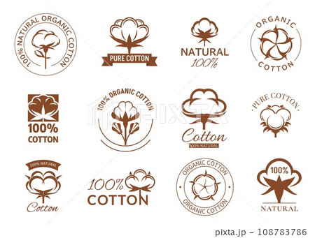 Cotton flower icons. Vector organic plants and soft fiber balls in boll. Natural cotton isolated symbols for organic fabric and textile labels, bio material tags for clothing manufacture industry Cotton flower icons. Vector organic plants and soft fiber balls in boll. Natural cotton isolated symbols for organic fabric and textile labels, bio material tags for clothing manufacture industry 108783786