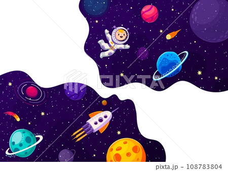 Space banner, cartoon astronaut and starship in galaxy space planets, vector background. Kid spaceman and spaceship in outer space, galaxy world with rockets in galactic starry sky and alien planets 108783804