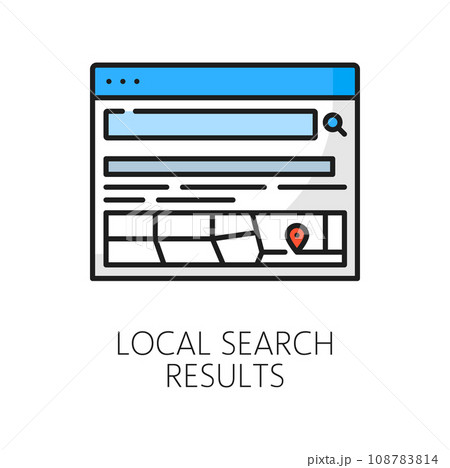 Local search results. SERP icon. Search engine result page. Internet data optimization, SERP analysis or SEO research outline vector icon web content ranking line sign or symbol with navigation map 108783814