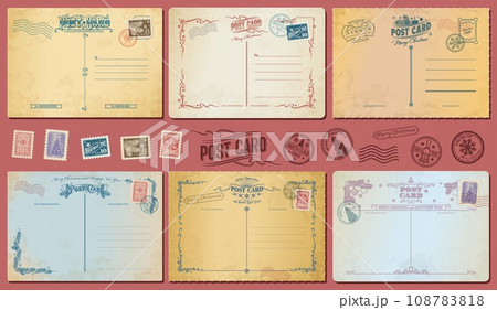 Christmas antique postcards, retro postage stamps and vintage mail. Vector greeting cards set. Santa Claus post with wishes for happy New Year. Holiday pine tree branches, candles, snowflakes, bells 108783818