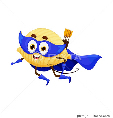 Cartoon Italian conchiglie pasta superhero character, vector funny cute food. Conchiglie pasta super hero in mask flying on blue mantle cape with bow arrows, kids comic superman guardian or ranger Cartoon Italian conchiglie pasta superhero character, vector funny cute food. Conchiglie pasta super hero in mask flying on blue mantle cape with bow arrows, kids comic superman guardian or ranger 108783820