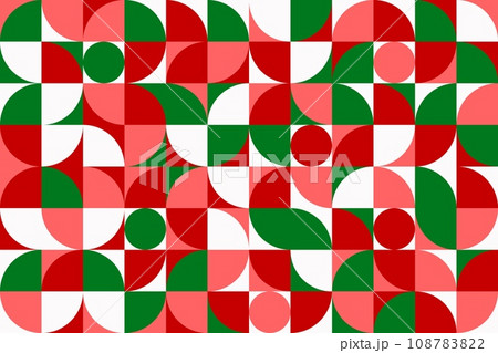 Christmas modern Scandinavian geometric pattern grid, vector background. Red green abstract circle and color shapes Scandinavian pattern or seamless Nordic Bauhaus geometric semi circles tile 108783822