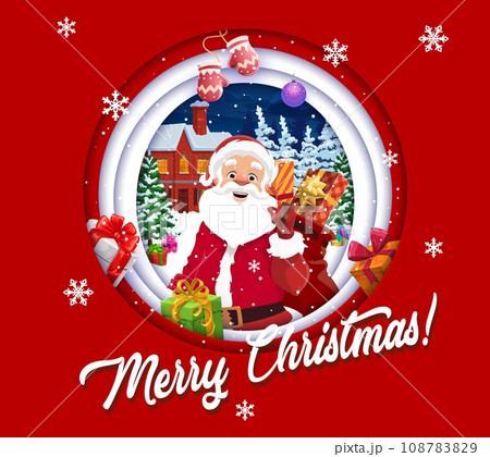 Christmas paper cut greeting with cartoon cheerful Santa and presents. Vector 3d effect double exposition round frame. Noel and gifts bag on snowy background with cottage house at holiday eve night 108783829