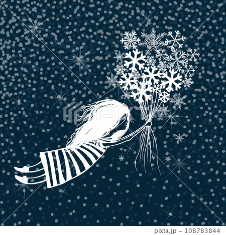 Girl with a bouquet of snowflakes. hand drawing. Not AI. Vector illustration Girl with a bouquet of snowflakes. hand drawing. Not AI. Vector illustration 108783844