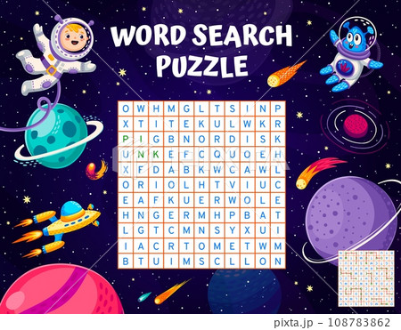 Word search puzzle game with cartoon space characters, planets and spaceships, vector worksheet grid. Kid astronaut spaceman with alien, UFO spaceship and space asteroids in word search puzzle game 108783862