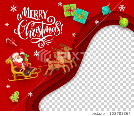 Christmas paper cut greeting card with Santa on sleigh and flying gifts. Winter season, Merry Christmas background or New Year papercut vector greeting card with Santa and reindeer cartoon characters 108783864