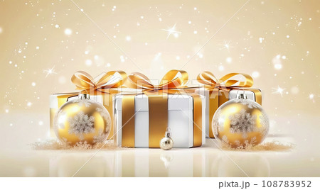 Elegant Gift Box with Festive Golden Ribbon and Christmas Ornaments - Generative AI 108783952