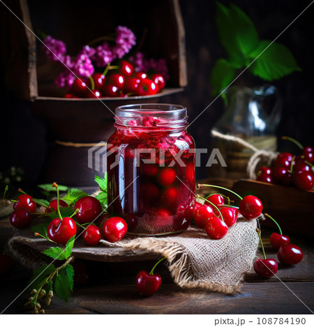 Homemade cherry jam in a glass jar and fresh berries on a dark wooden background. Homemade cherry jam in a glass jar and fresh berries on a dark wooden background. 108784190