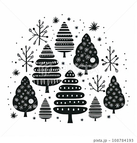 A variety of flat style Christmas trees. Black and white drawing in a minimalist style. 108784193
