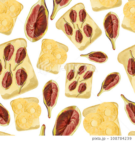 Watercolor food pattern, hand drawn breakfast, bruschetta toast, ripe figs, pineapple, flat food illustration on white background. vegetarian 108784239
