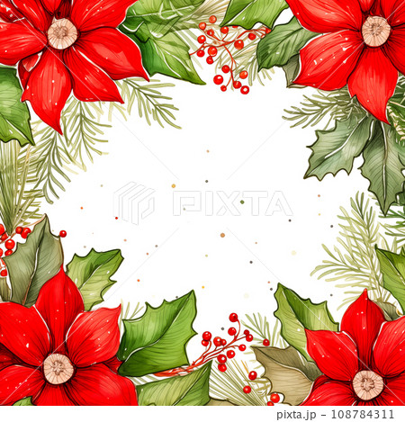 Watercolor Christmas background with poinsettia frame. AI content 108784311
