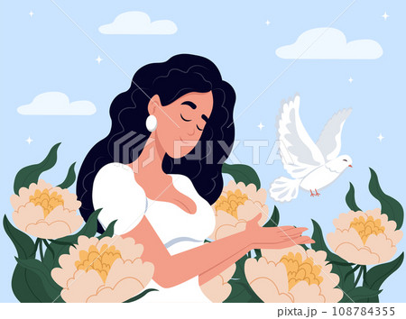 Peace. No war. Vector illustration of doves of peace, poster and banner design. Dove of peace and woman. World Peace Day. Peace symbol, horizontal banner. 108784355