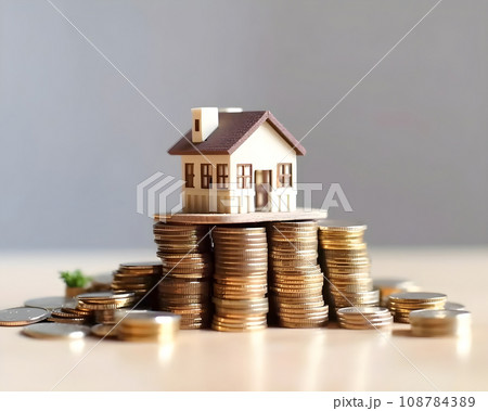 house model and coins on white background. real estate and investment concept. 108784389