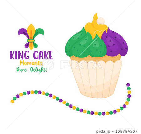 King Cake. Festive sweet cupcake with colorful icing and beads necklaces. Mardi Gras carnival. Vector illustrations in cartoon style. 108784507