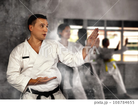 Group of multiethnic people training karate techniques 108784655