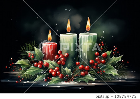 Candles surrounded by holly leaves Candles surrounded by holly leaves 108784775