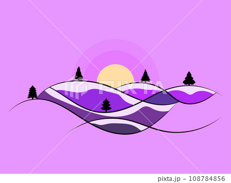 Winter landscape with snowy hills and fir trees. Landscape in line art style. Mountain sunrise in a minimalist style. View of the snowy hills. Design for poster and banner. Vector illustration 108784856