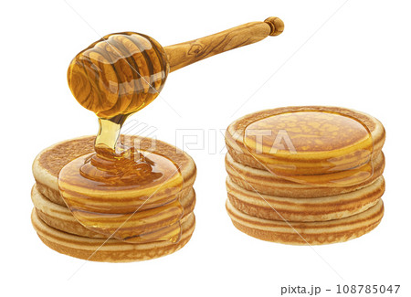 Stack of pancakes with dripping honey isolated on white background 108785047