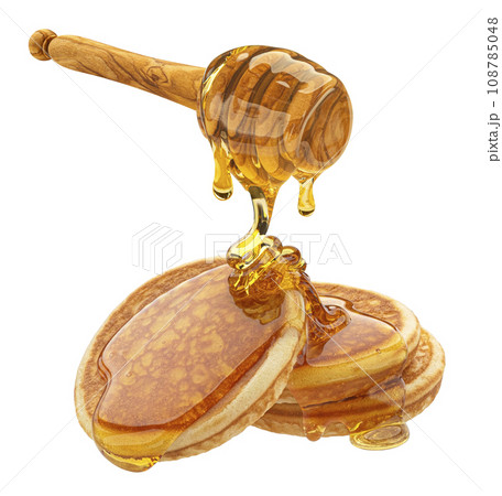 Stack of pancakes with dripping honey isolated on white background 108785048