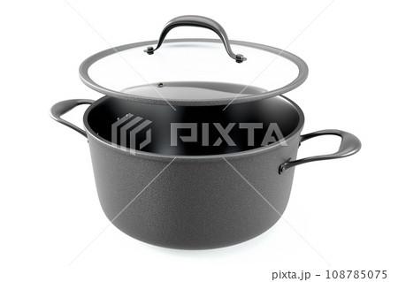 Stainless steel cooker with lid and chrome cookware on white background 108785075