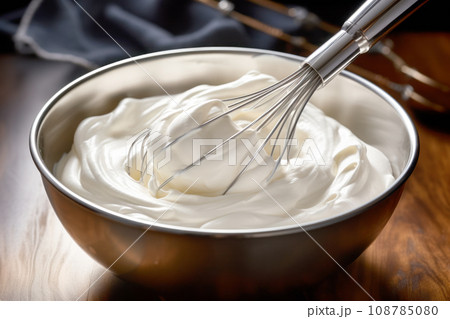 Metal bowl with whisk for preparation of whipped cream, homemade sour cream or hand cream. Pure creamy background 108785080