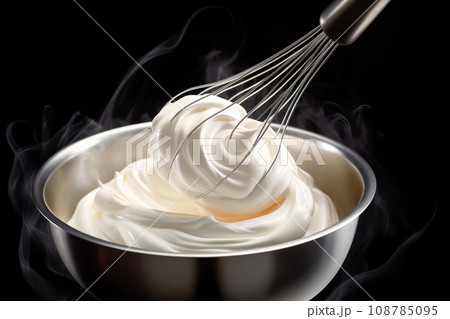 Metal bowl with whisk for preparation of whipped cream, homemade sour cream or hand cream. Pure creamy background Metal bowl with whisk for preparation of whipped cream, homemade sour cream or hand cream. Pure creamy background 108785095