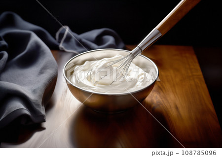 Metal bowl with whisk for preparation of whipped cream, homemade sour cream or hand cream. Pure creamy background 108785096