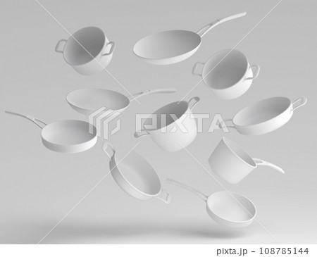 Set of flying stewpot, frying pan and chrome plated cookware on monochrome Set of flying stewpot, frying pan and chrome plated cookware on monochrome 108785144