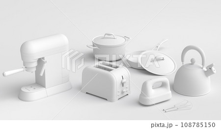 Kitchen appliances and utensils for making breakfast on monochrome background Kitchen appliances and utensils for making breakfast on monochrome background 108785150