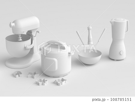 Mixer and bowl with kitchen utensil for preparation of dough on white background Mixer and bowl with kitchen utensil for preparation of dough on white background 108785151