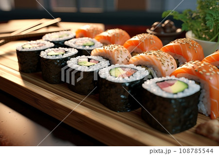 Set of sushi roll on a bamboo mat, highlighting the artistry of sushi presentation 108785544