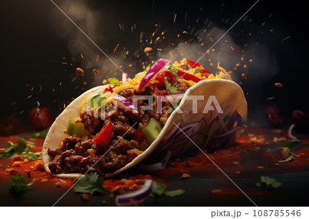 Close-up shot of a street-style taco with grilled meat, fresh salsa, and vibrant toppings Close-up shot of a street-style taco with grilled meat, fresh salsa, and vibrant toppings 108785546