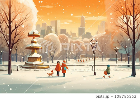 Retro illustration of a winter city park with children on swings 108785552