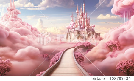A fabulous pink castle with a path of lush flowers and cotton candy clouds 108785584