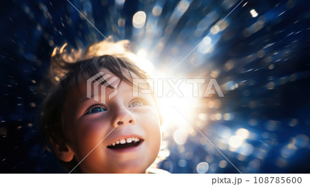 A young boy is smiling and looking up, AI 108785600
