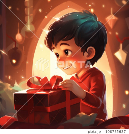 A boy holding a gift box in front of christmas decorations, AI 108785627