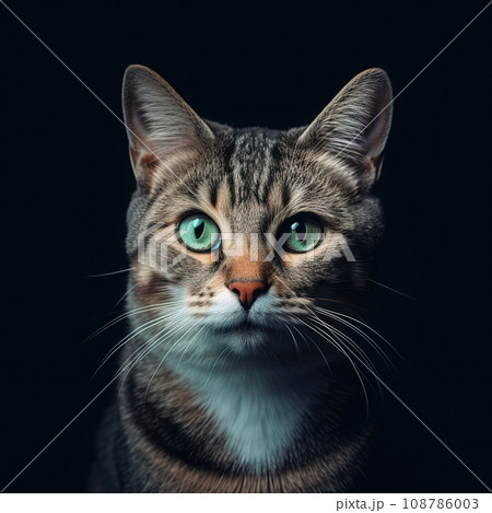 Gray cat with green eyes on a black background. Generative AI 108786003
