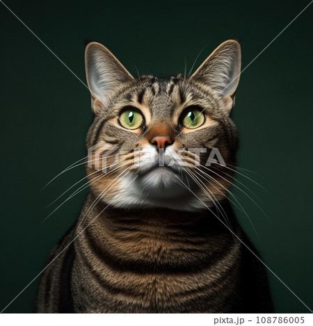 Illustration of a cute fat tabby cat isolated on a dark background. For cat food advertising. Generative AI 108786005