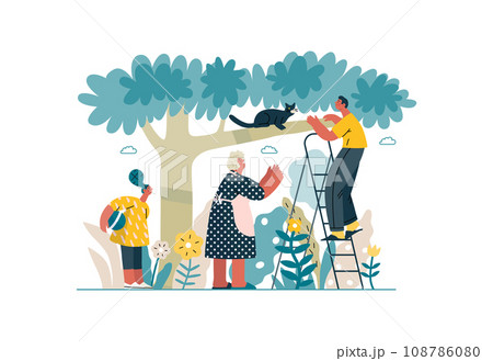 Mutual Support: Rescue cat from tree -modern flat vector concept illustration of elderly woman and man on a ladder under the tree Metaphor of voluntary, collaborative exchanges of resource, services Mutual Support: Rescue cat from tree -modern flat vector concept illustration of elderly woman and man on a ladder under the tree Metaphor of voluntary, collaborative exchanges of resource, services 108786080