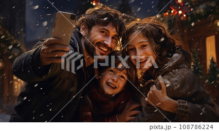 Family dressed in winter attire captures a selfie with their phone, set against the backdrop of a Christmas decorations 108786224