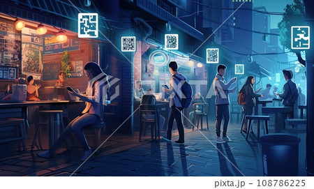 Futuristic image of a street in neon colors with QR codes. Contactless payment concept. Futuristic image of a street in neon colors with QR codes. Contactless payment concept. 108786225