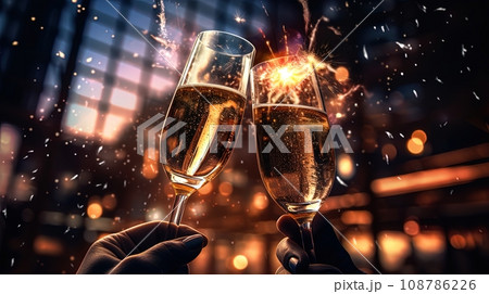 Two glasses of champagne take center stage in a close-up shot, with the background featuring blurry lights and sparklers. Two glasses of champagne take center stage in a close-up shot, with the background featuring blurry lights and sparklers. 108786226