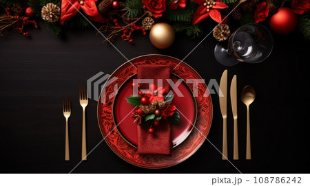 Christmas table setting with red and gold cutlery on black wooden background 108786242