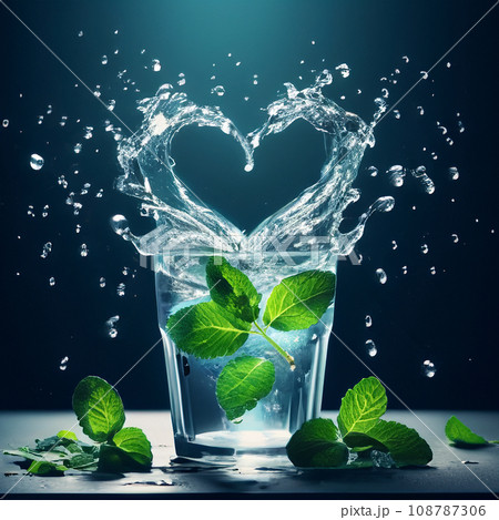 グラスの水飛沫がハート型になっている グラスの水飛沫がハート型になっている 108787306