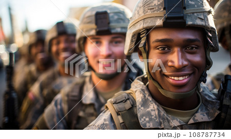 Smiling soldiers in ranks, faces of happy men in modern uniform. Portrait of group of military male close-up. Concept of war, US army, young people, team, camouflage 108787734