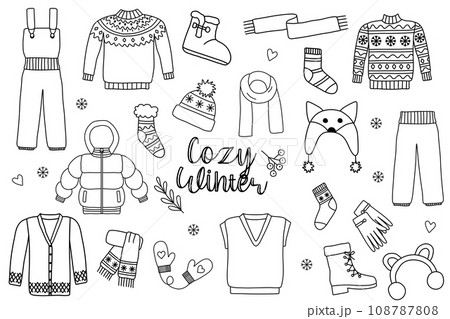 Set of cozy warm winter clothes and accessories, doodle style flat vector outline for coloring book 108787808