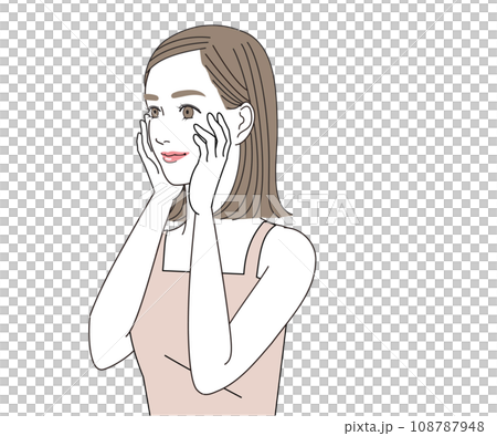 A woman cupping her cheeks with both hands A woman cupping her cheeks with both hands 108787948