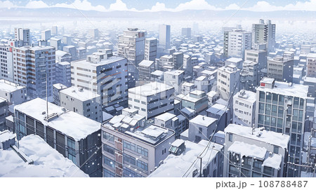 雪が降り積もる都市のアニメ風イラスト風景「AI生成画像」 108788487